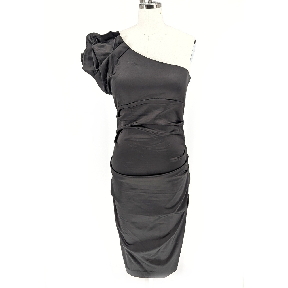 Cache One Shoulder Satin Ruched Dress Black 10 party cocktail 90s retro 80s